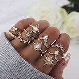 VAGZEB 11 Pcs/set Women Fashion Rings Set Gold Color Hollow Geometric Opal Ring for Woman Wedding Jewelry - SIMO CHINA