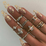 VAGZEB 11 Pcs/set Women Fashion Rings Set Gold Color Hollow Geometric Opal Ring for Woman Wedding Jewelry - SIMO CHINA