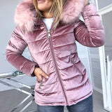Women Cotton Padded Jackets Gray Pink Plus Size 4XL Hood Fur Collar Thick Fashion Basic Snow Outerwear Winter Velvet Jacket Coat - SIMO CHINA